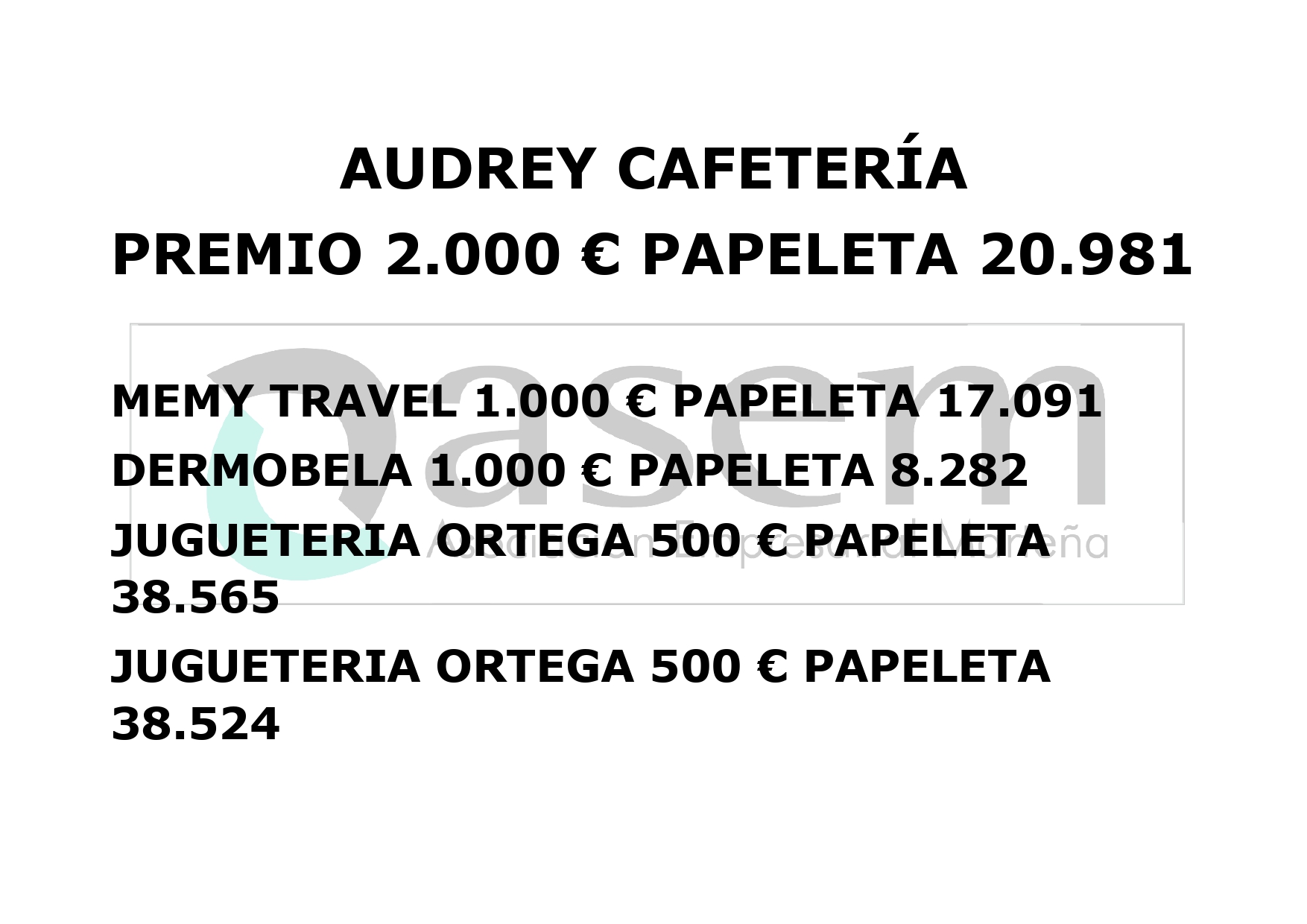 Los números 20981,17091, 8282, 38565 y 38524 ganadores del sorteo de la campaña de navidad organizada por ASEM