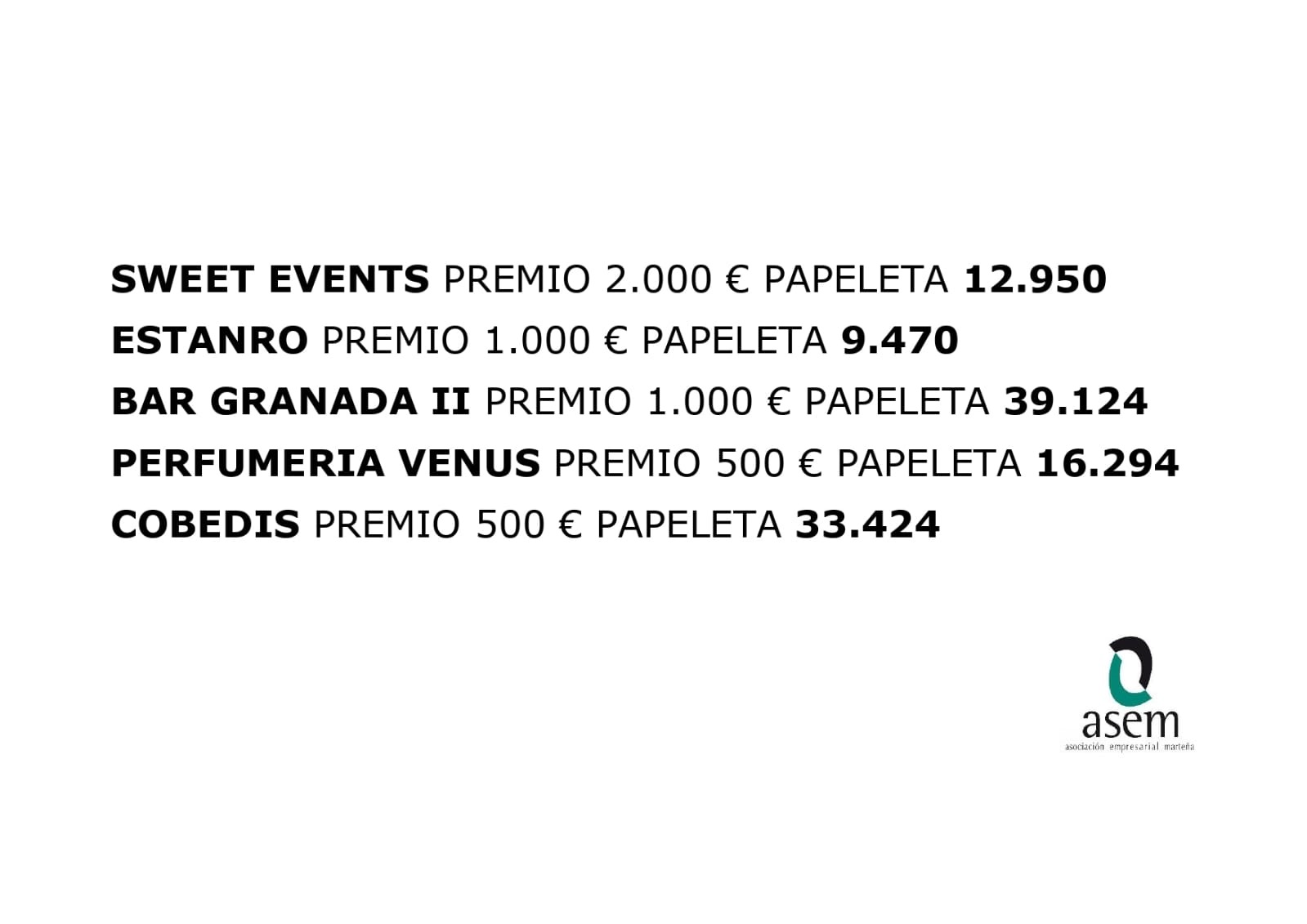 12950 premio de 2000 € del sorteo de navidad de ASEM